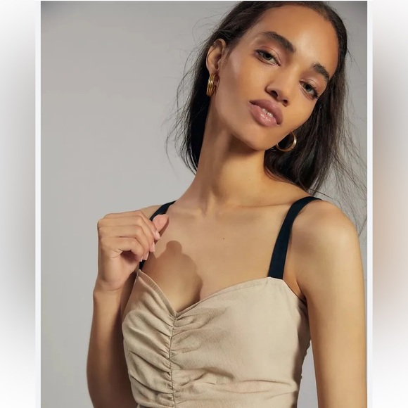 NWT Anthropologie ATSU Ruched Drop Waist Beige Midi Linen Blend Strap Dress - Picture 3 of 14